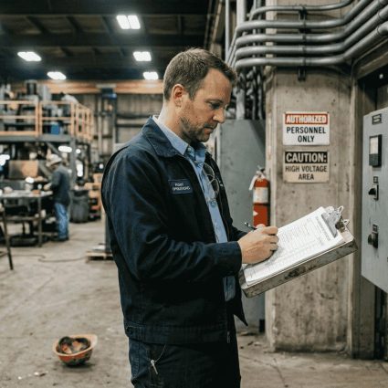 Facility manager checks lightning safety workflow