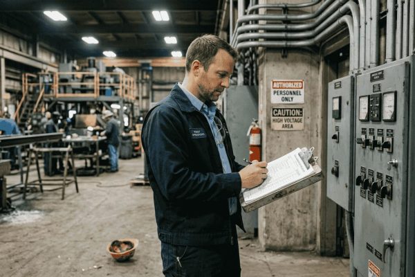 Facility manager checks lightning safety workflow