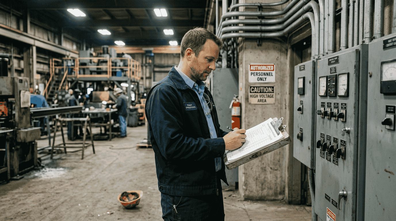 Facility manager checks lightning safety workflow