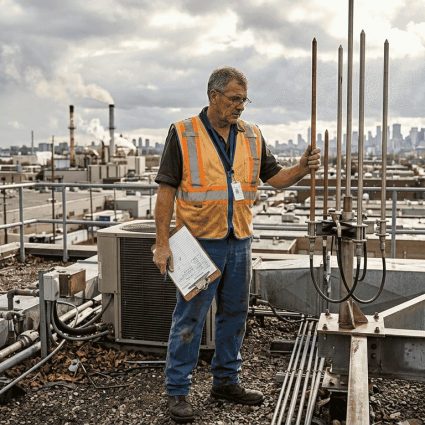 Facilities manager inspecting rooftop lightning rod system