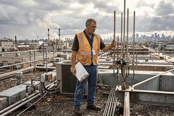 Facilities manager inspecting rooftop lightning rod system