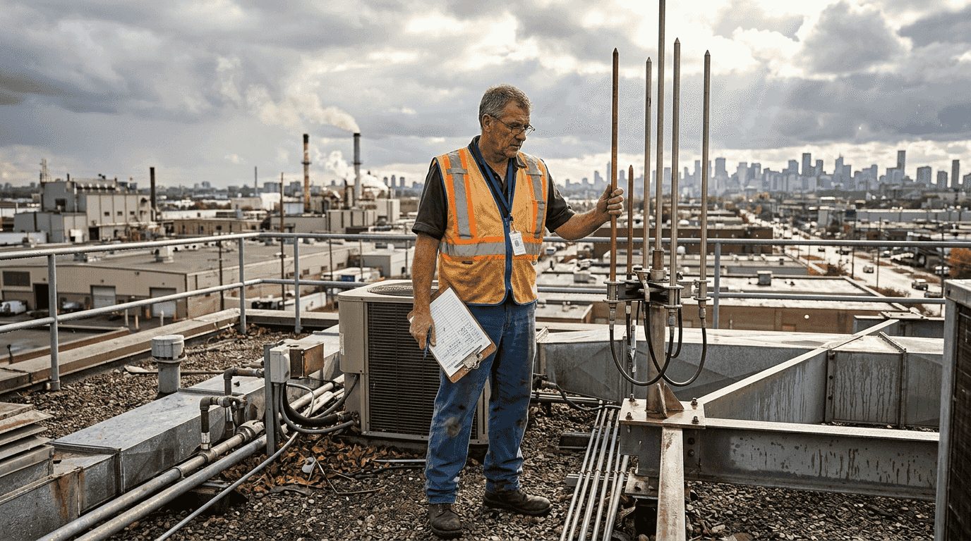 Facilities manager inspecting rooftop lightning rod system