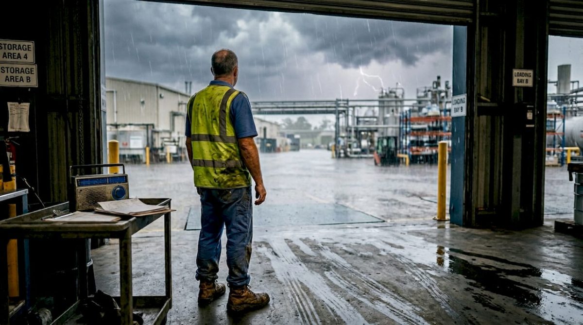 Manager observing lightning risk at industrial plant