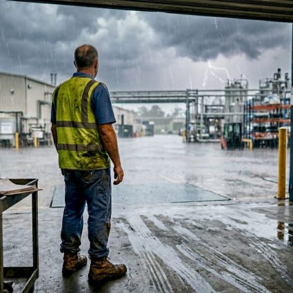 Manager observing lightning risk at industrial plant