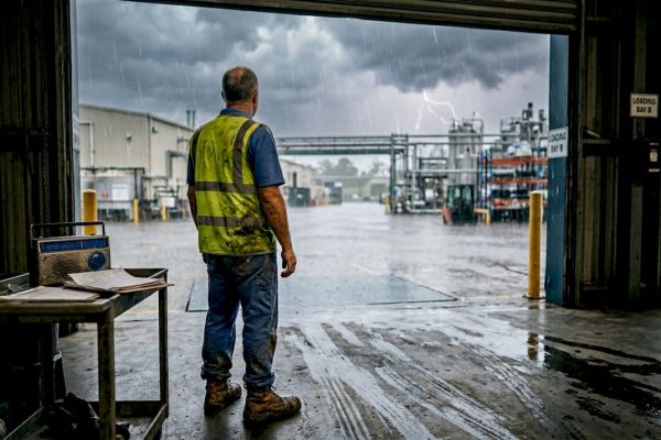 Manager observing lightning risk at industrial plant
