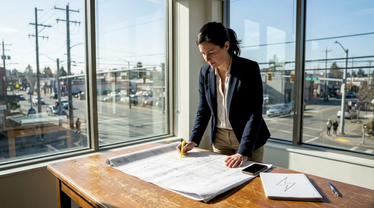 Engineer reviews lightning protection plans