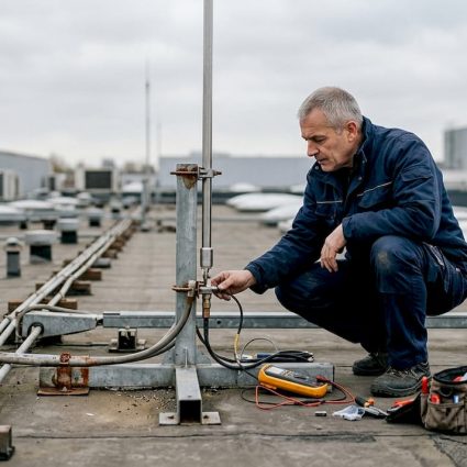 Un technicien contrôle le bon fonctionnement du système de paratonnerre.