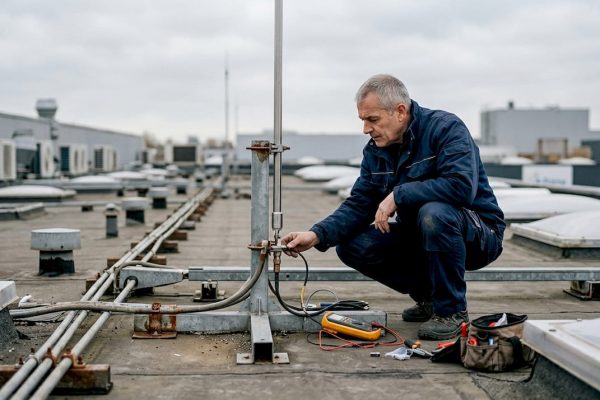 Un technicien contrôle le bon fonctionnement du système de paratonnerre.