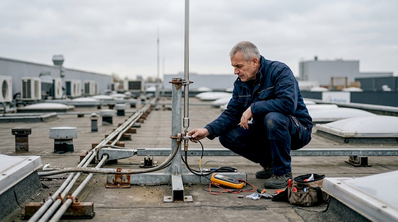 Un technicien contrôle le bon fonctionnement du système de paratonnerre.