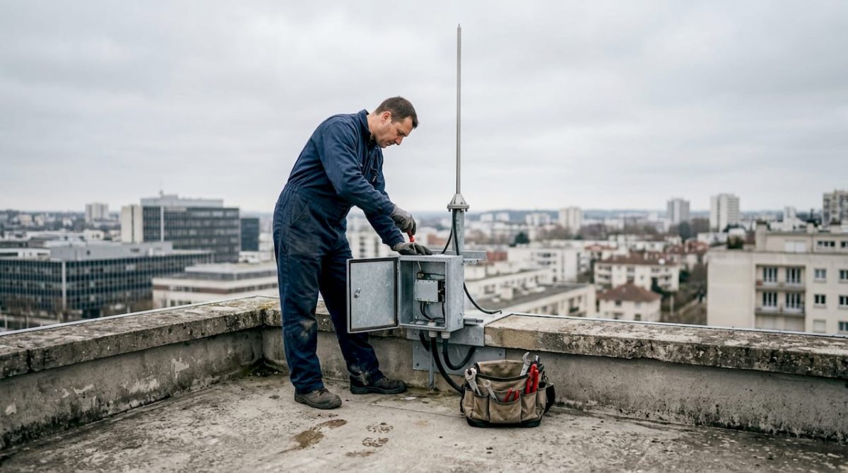 Un technicien inspecte le paratonnerre sur le toit d’un immeuble en ville.
