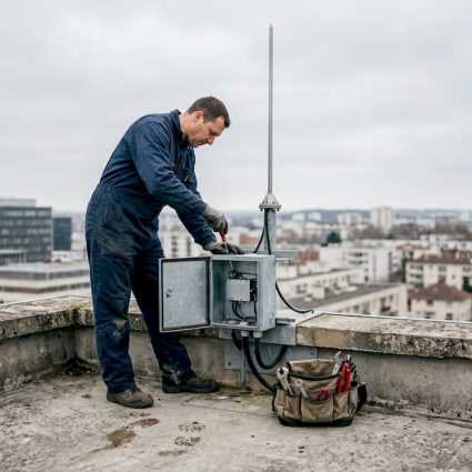 Un technicien inspecte le paratonnerre sur le toit d’un immeuble en ville.