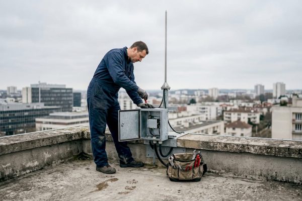 Un technicien inspecte le paratonnerre sur le toit d’un immeuble en ville.