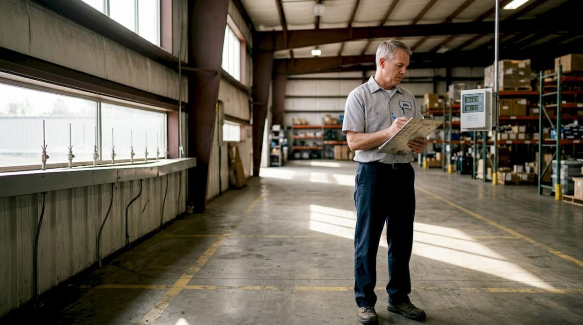 Facility manager checks sensor for lightning risk