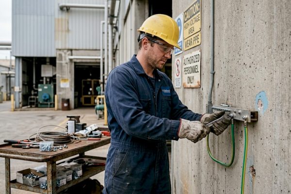 Electrician working on grounding cable outside plant