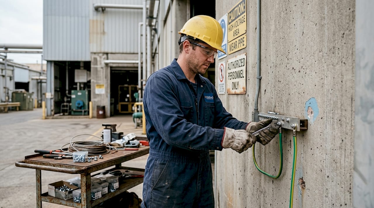 Electrician working on grounding cable outside plant