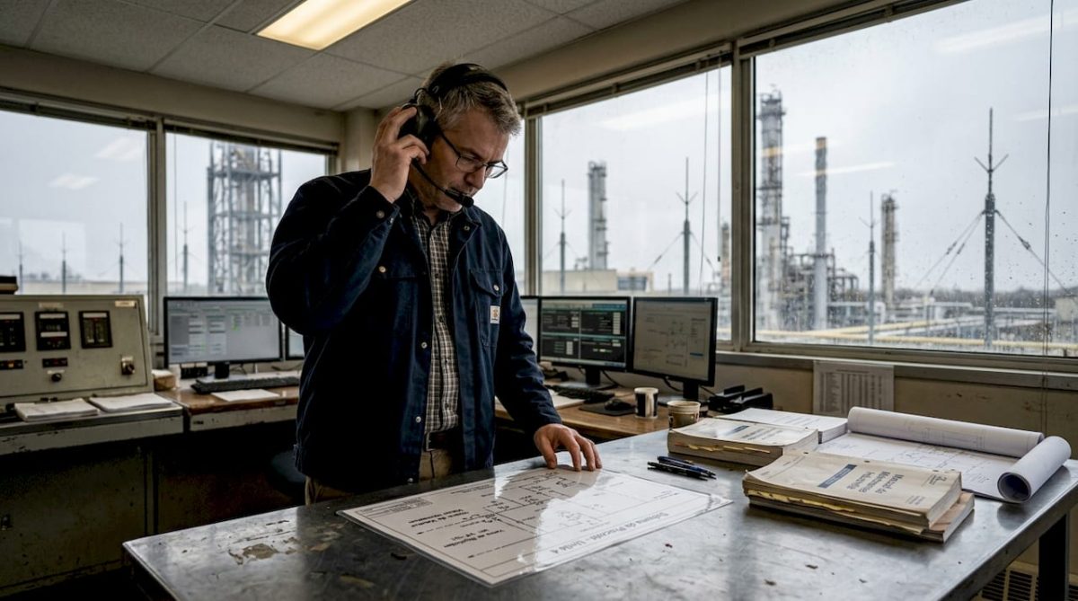 Un ingénieur vérifie la conformité du système de protection contre la foudre dans la salle de contrôle.