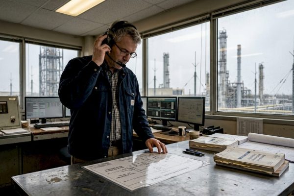 Un ingénieur vérifie la conformité du système de protection contre la foudre dans la salle de contrôle.