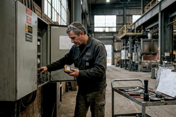 Un technicien effectue un contrôle de sécurité contre la foudre dans une usine.