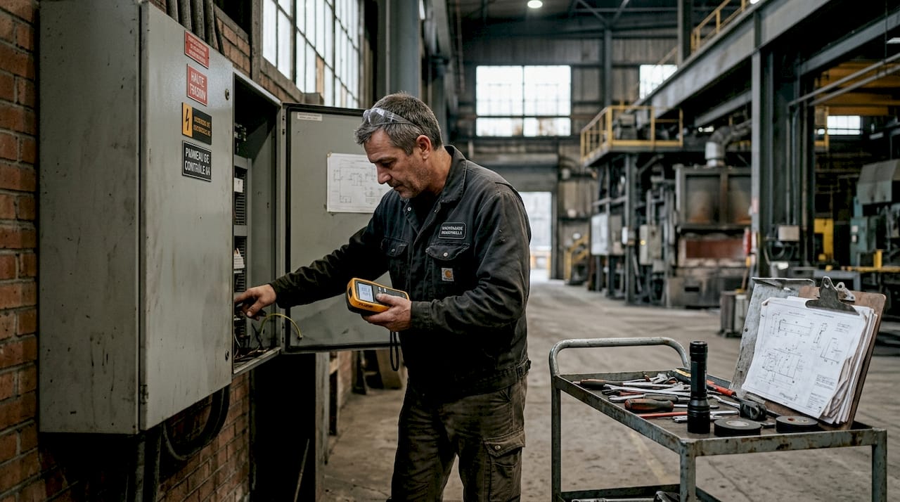 Un technicien effectue un contrôle de sécurité contre la foudre dans une usine.