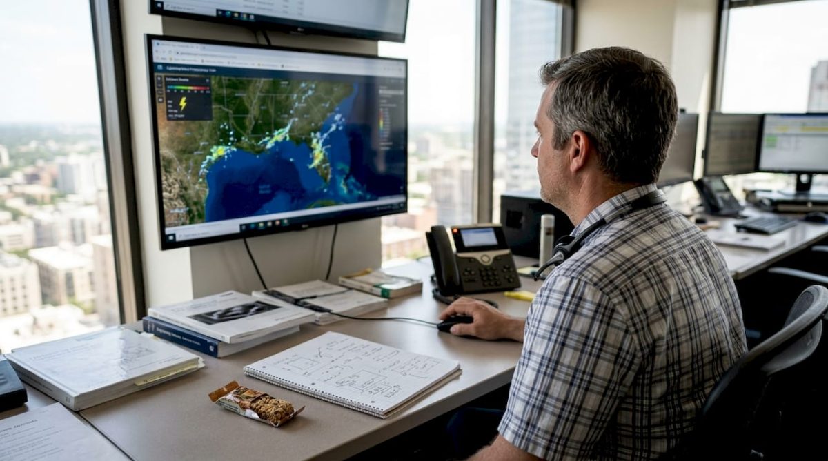 Engineer in control room monitoring lightning map