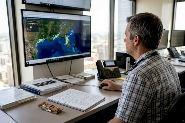 Engineer in control room monitoring lightning map