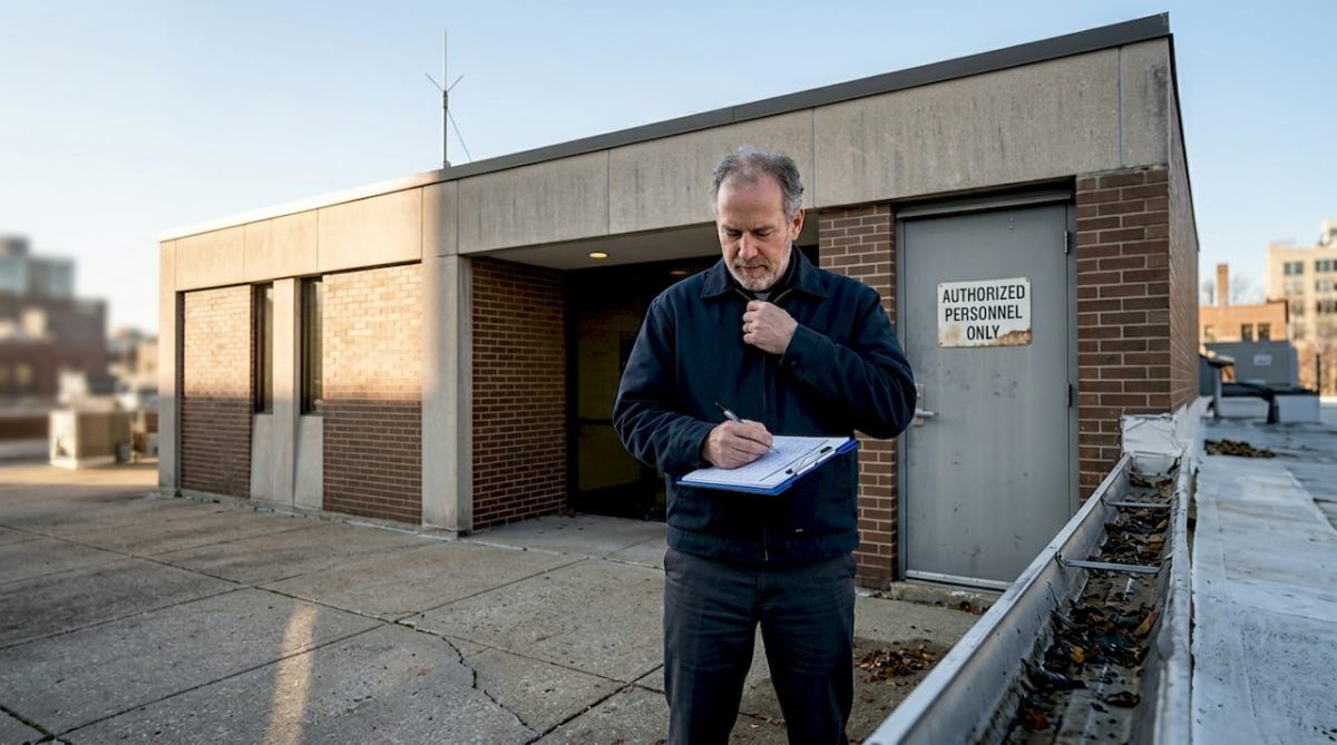 Facility manager checks lightning protection rooftop