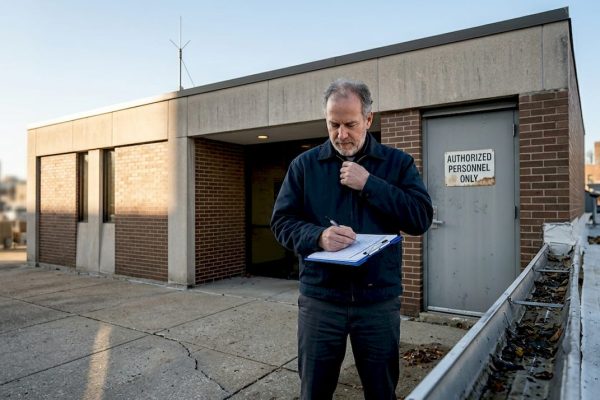 Facility manager checks lightning protection rooftop