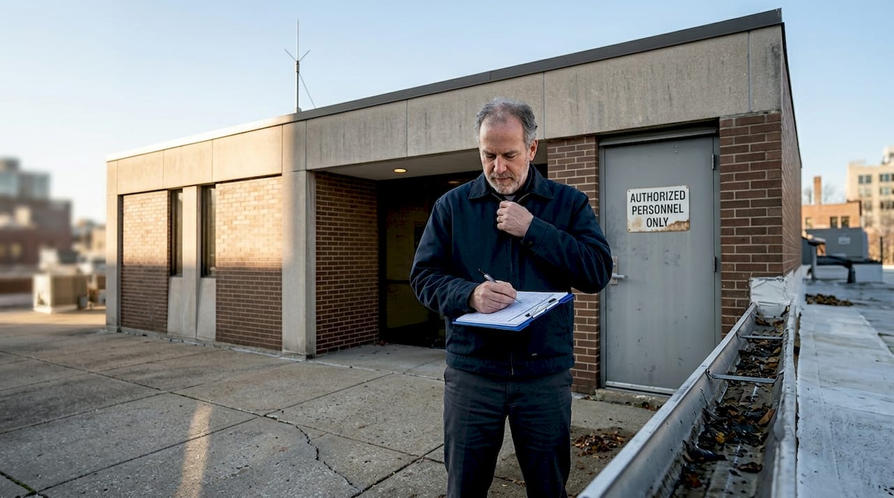 Facility manager checks lightning protection rooftop