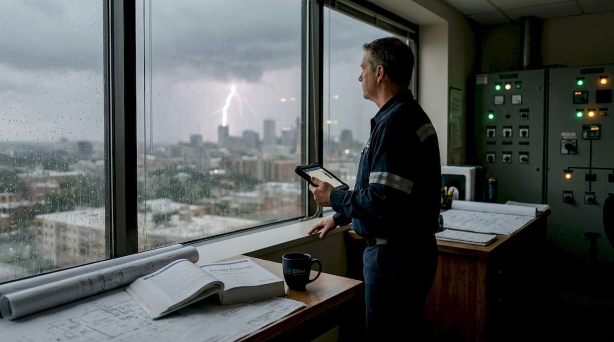 Facility manager observing lightning from control office