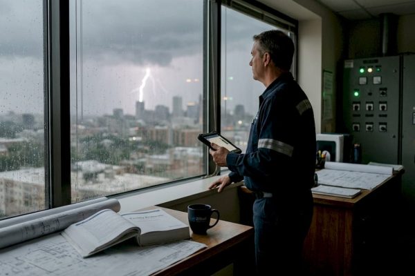 Facility manager observing lightning from control office