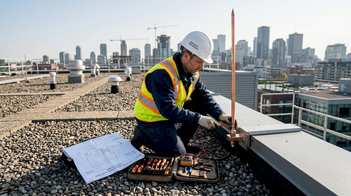 Un technicien vérifie le paratonnerre installé sur le toit.