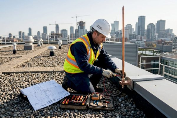 Un technicien vérifie le paratonnerre installé sur le toit.