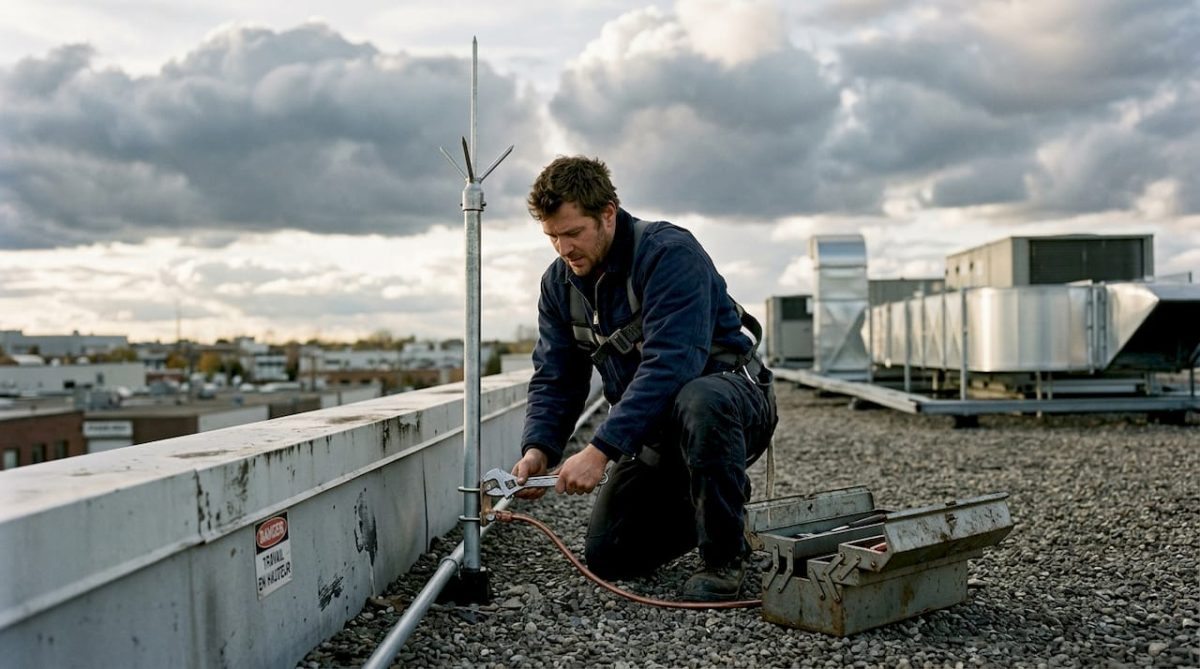 Un technicien effectue une vérification du paratonnerre sur le toit de l’immeuble.