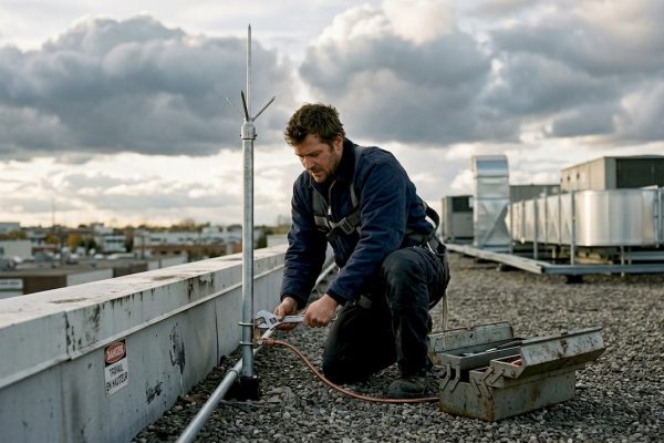 Un technicien effectue une vérification du paratonnerre sur le toit de l’immeuble.