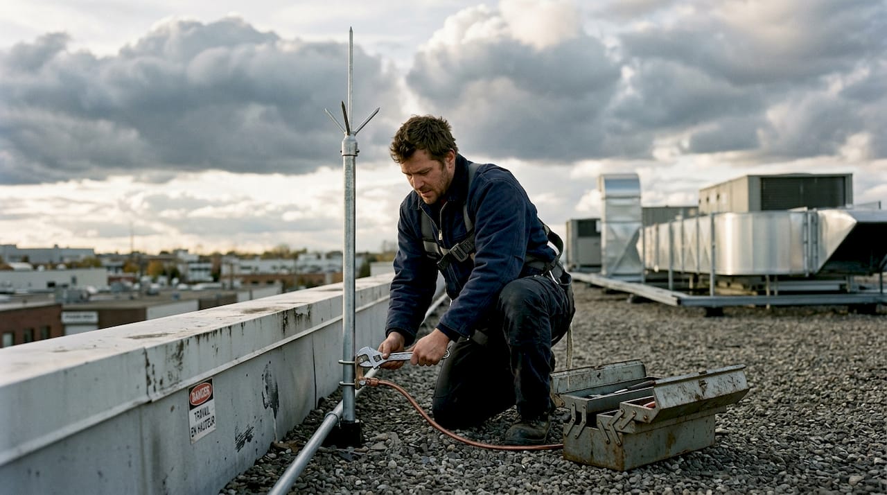 Un technicien effectue une vérification du paratonnerre sur le toit de l’immeuble.