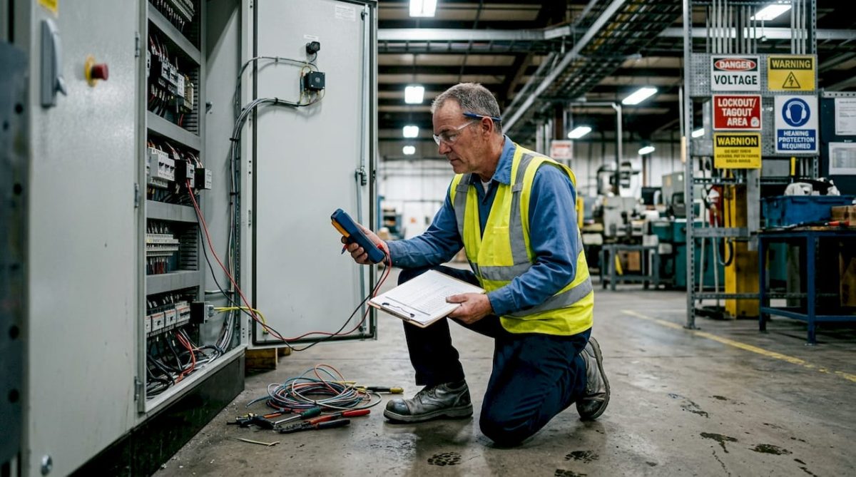 Electrician testing surge protection in factory