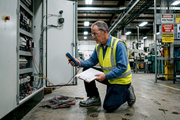 Electrician testing surge protection in factory
