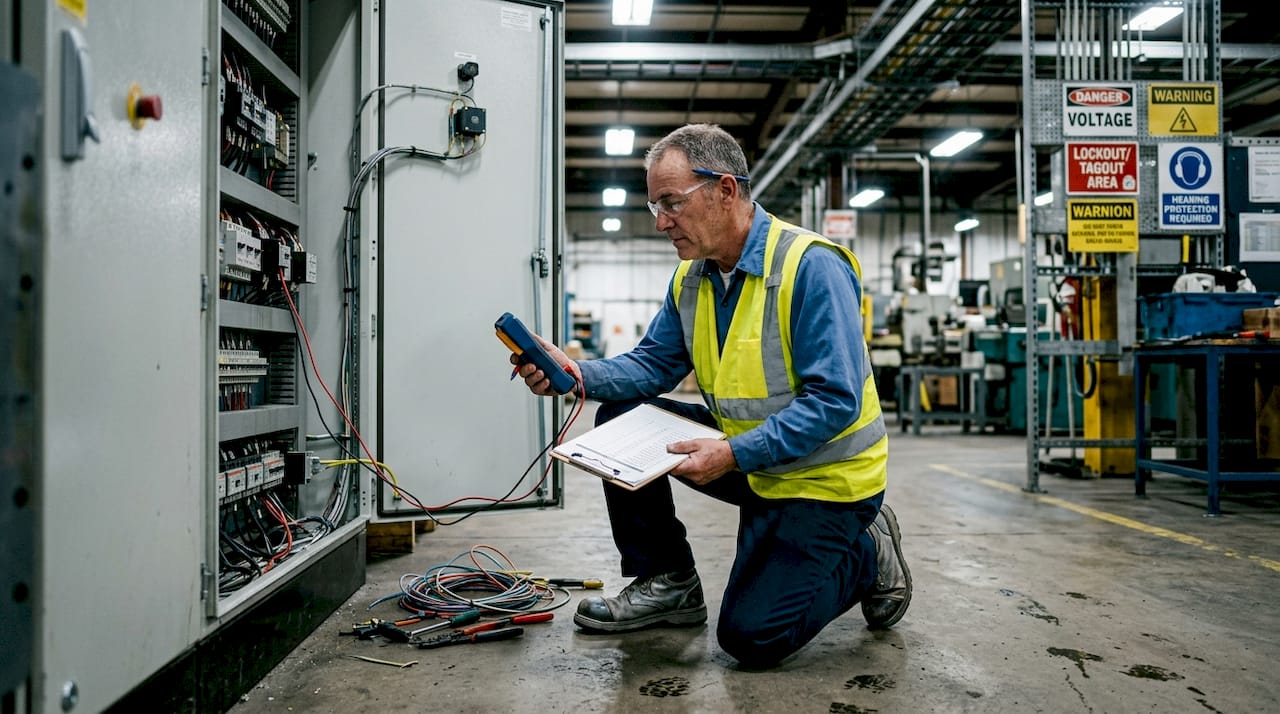 Electrician testing surge protection in factory