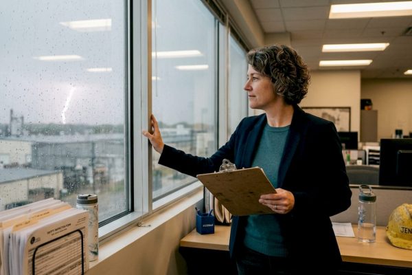 Facility manager reviews lightning protection paperwork