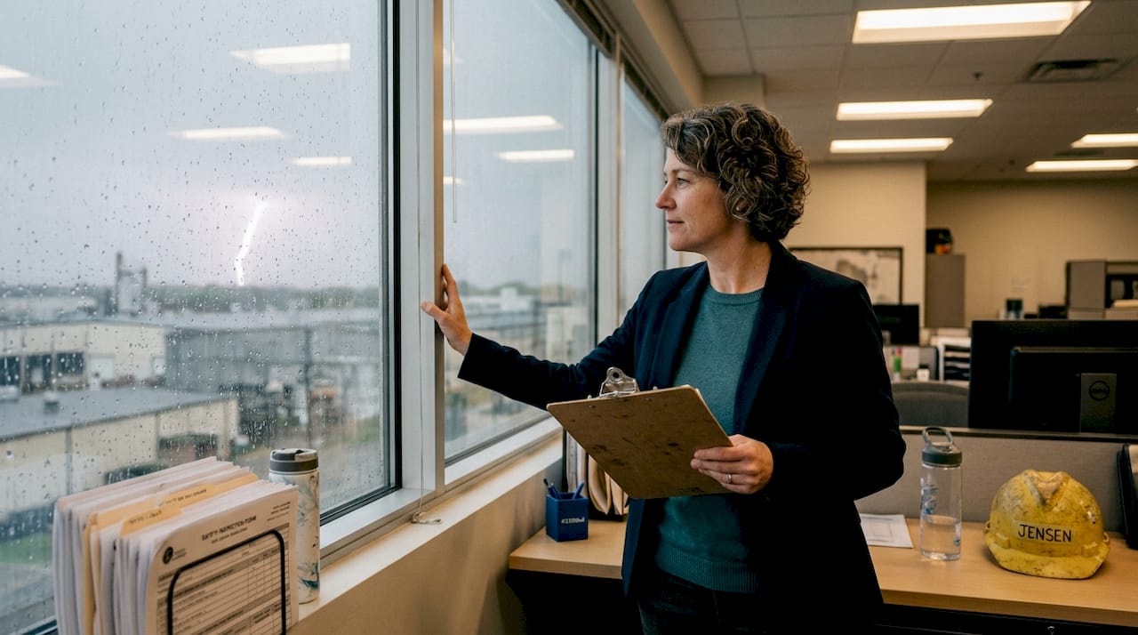 Facility manager reviews lightning protection paperwork