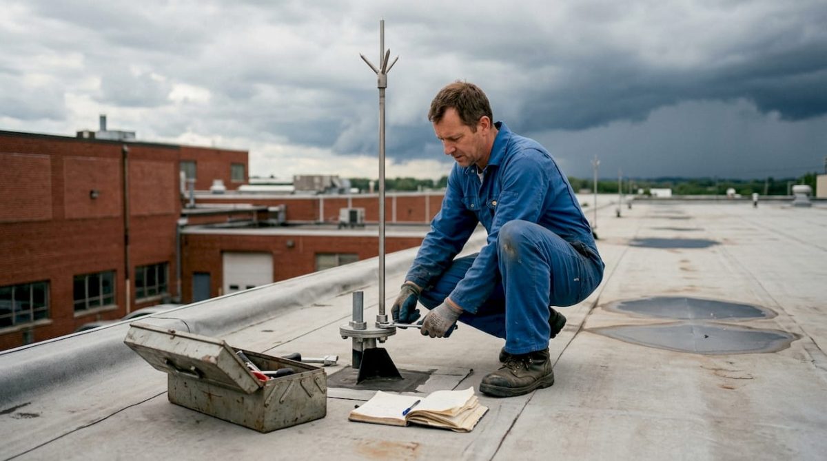 Un professionnel effectue l’entretien du paratonnerre sur le toit d’un bâtiment industriel.