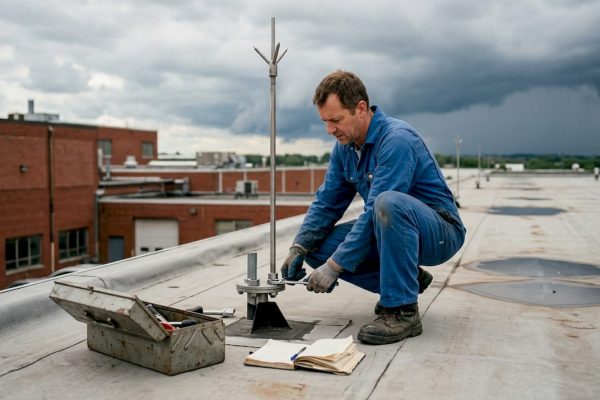 Un professionnel effectue l’entretien du paratonnerre sur le toit d’un bâtiment industriel.