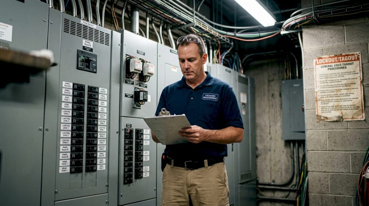 Supervisor inspects facility electrical protection panel