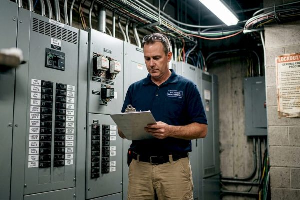 Supervisor inspects facility electrical protection panel