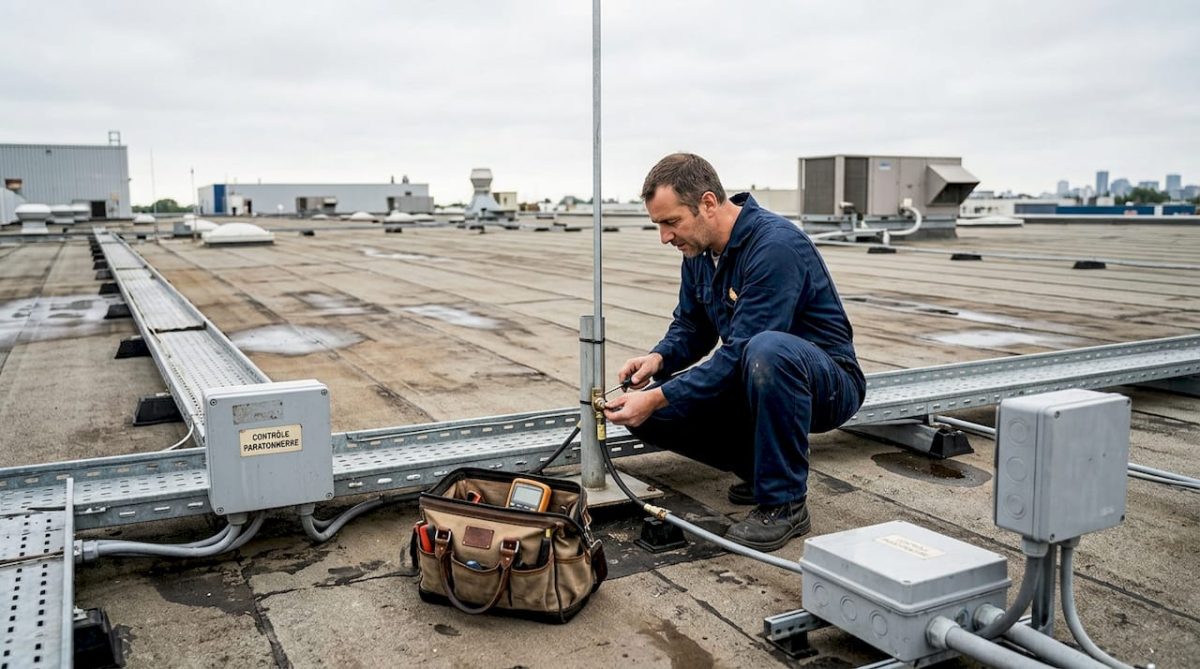 Un technicien effectue une vérification du système de paratonnerre sur le toit d’un bâtiment industriel.