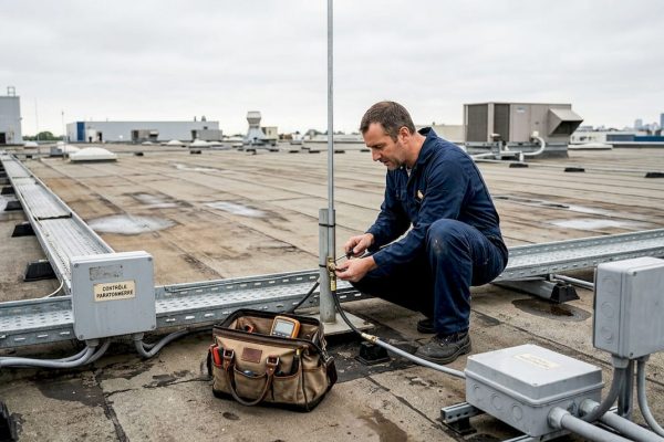 Un technicien effectue une vérification du système de paratonnerre sur le toit d’un bâtiment industriel.