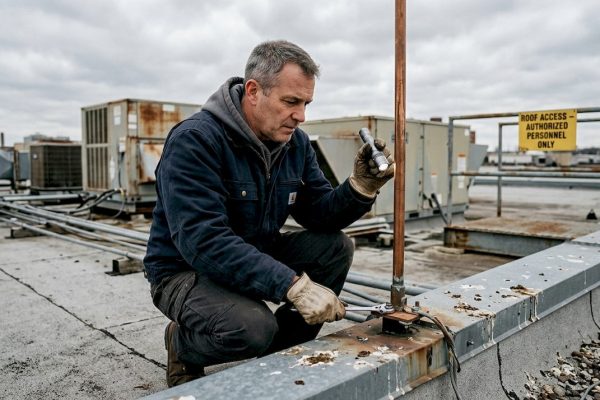 Worker inspecting rooftop lightning rod system