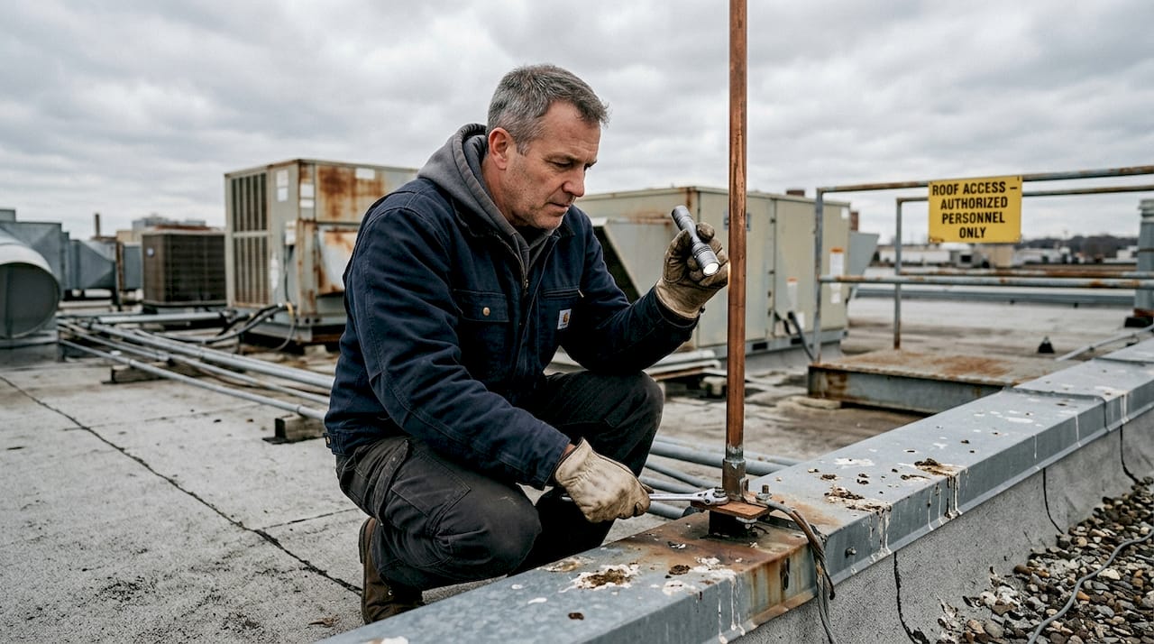Worker inspecting rooftop lightning rod system