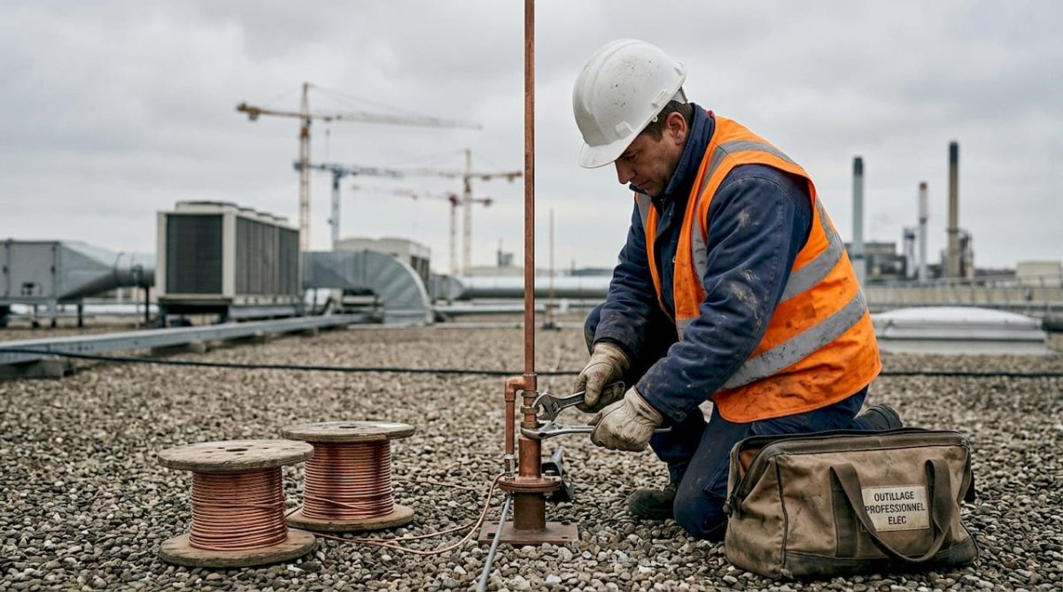 Un technicien procède à l’installation d’un système de protection contre la foudre sur le toit d’un bâtiment.