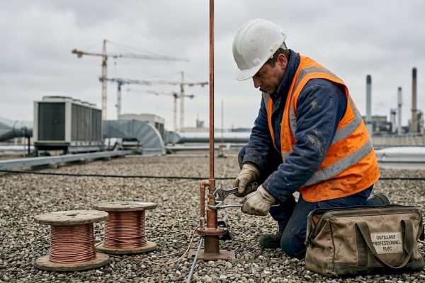 Un technicien procède à l’installation d’un système de protection contre la foudre sur le toit d’un bâtiment.